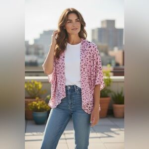 Janice Apparel Pink Leopard Print Open Front Kimono Cardigan